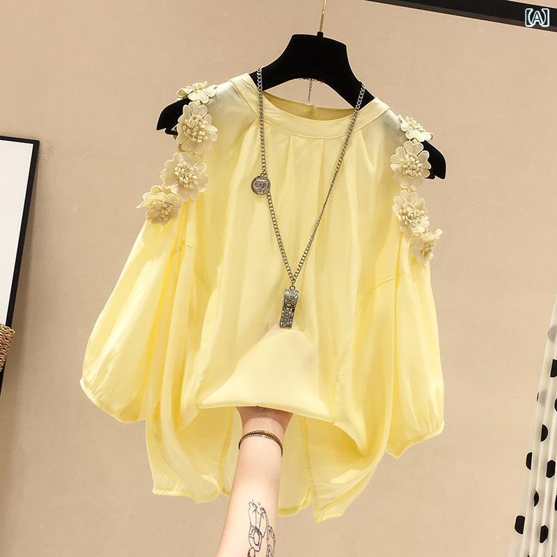 トップス レディース 春夏 花柄 オフショルダー シフォン 半袖 ゆったり お腹カバー フェミニン 軽やか 透け感 スタイリッシュ ブラウス シャツ
