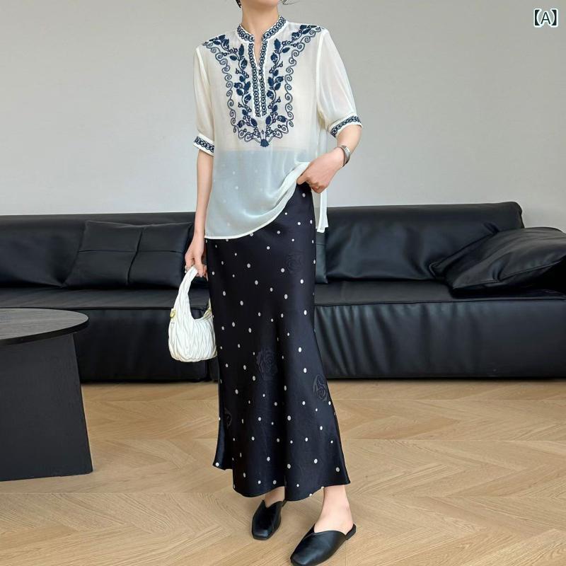 レディース ブラウス 夏用 シルク ジョルジェット 中華風 刺繍 優雅 肌触り 通気性 コーディネート自在 軽やか デザイン