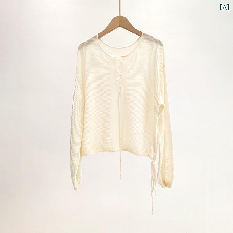 ニットトップス 春夏 女性用 紐付き 透け デザイン 高級感 かわいい スタイル 再生繊維 素材 軽量 吸湿速乾 フェミニン シルエット