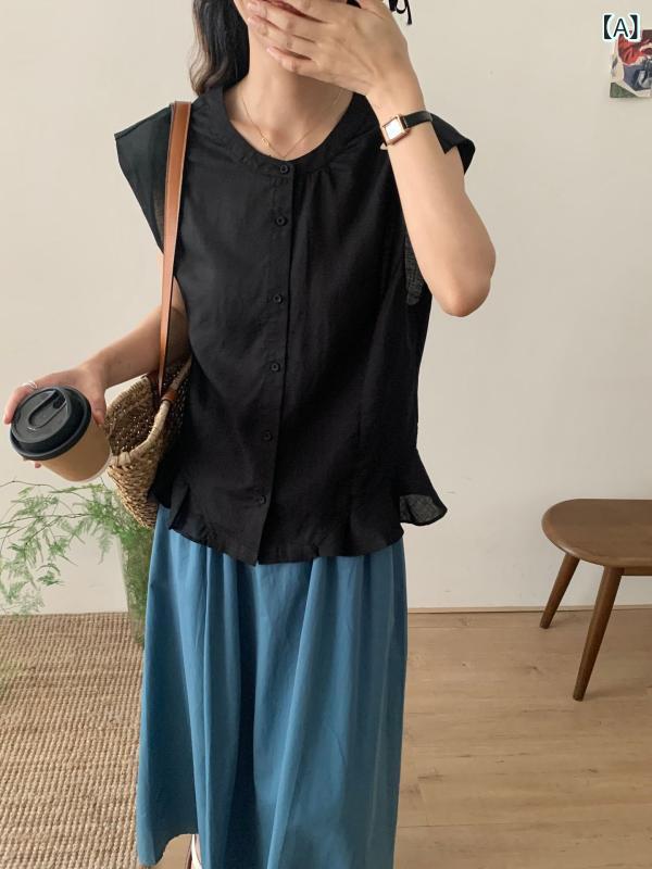 レディース ブラウス 夏用 再生繊維 麻 素材 フリルエッジ キャップスリーブ ゆったり シルエット スリム効果 スタイリッシュ カジュアル トップス 軽量 吸湿速乾 通勤 普段使い