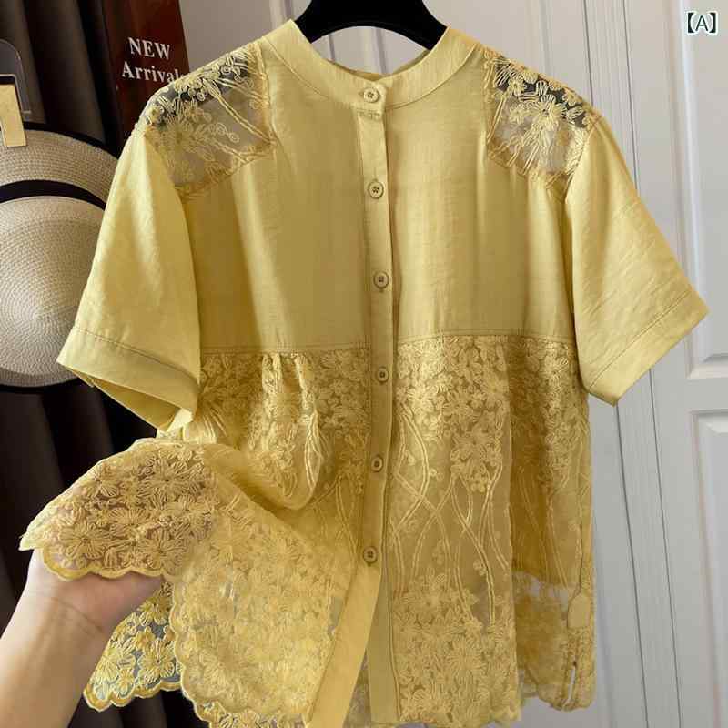 ブラウス レディース 半袖 シフォン 小花柄 レース 切り替え 高級感 ゆったり 夏 上品 フェミニン 軽量 透け感 普段使い コーディネート