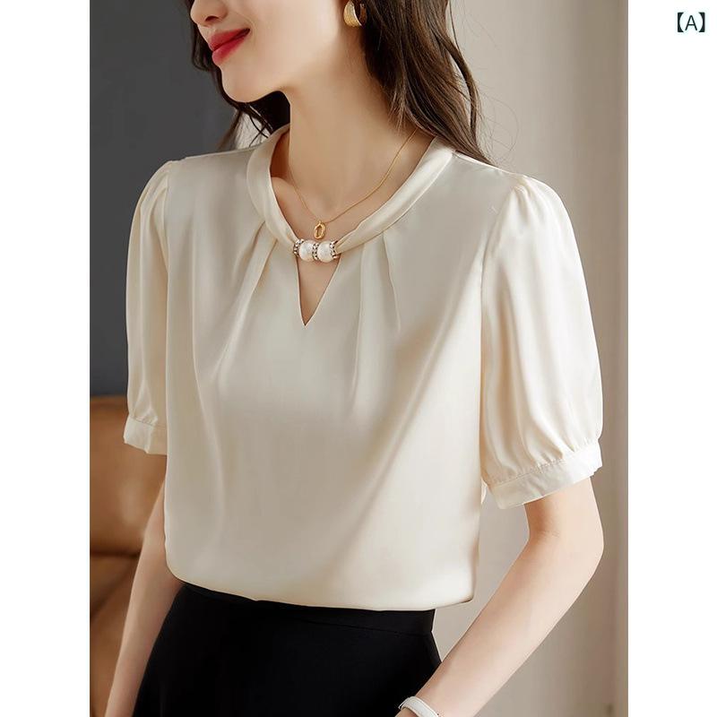 ブラウス レディース 半袖 シフォン 夏用 上品 デザイン 軽量 通気性 涼しい フェミニン トップス 普段使い 柔らかい 素材 ゆったり シルエット 4,659円