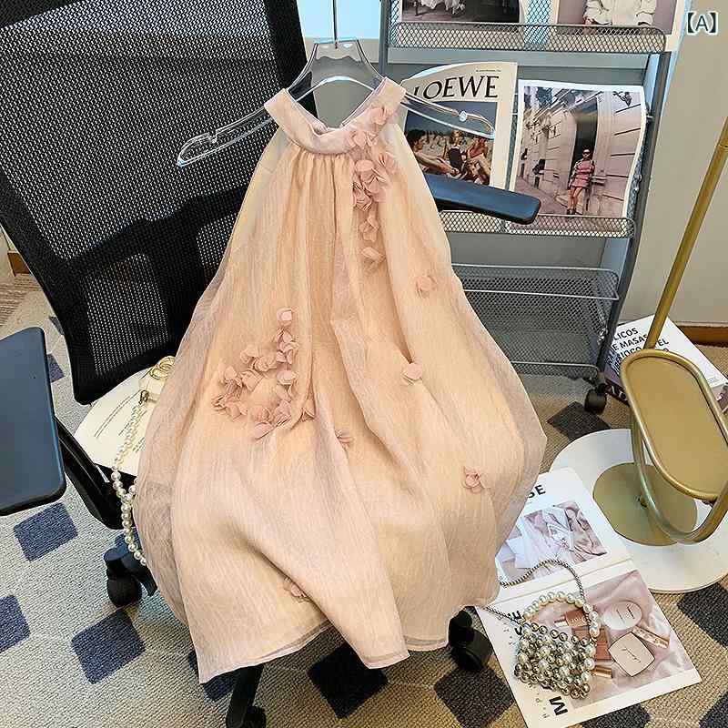 トップス レディース 夏用 ピンク系 立体花びら ハルターネック シフォンブラウス ゆったりシルエット お腹カバー 軽量 通気性 かわいい デザイン カジュアル 普段使い