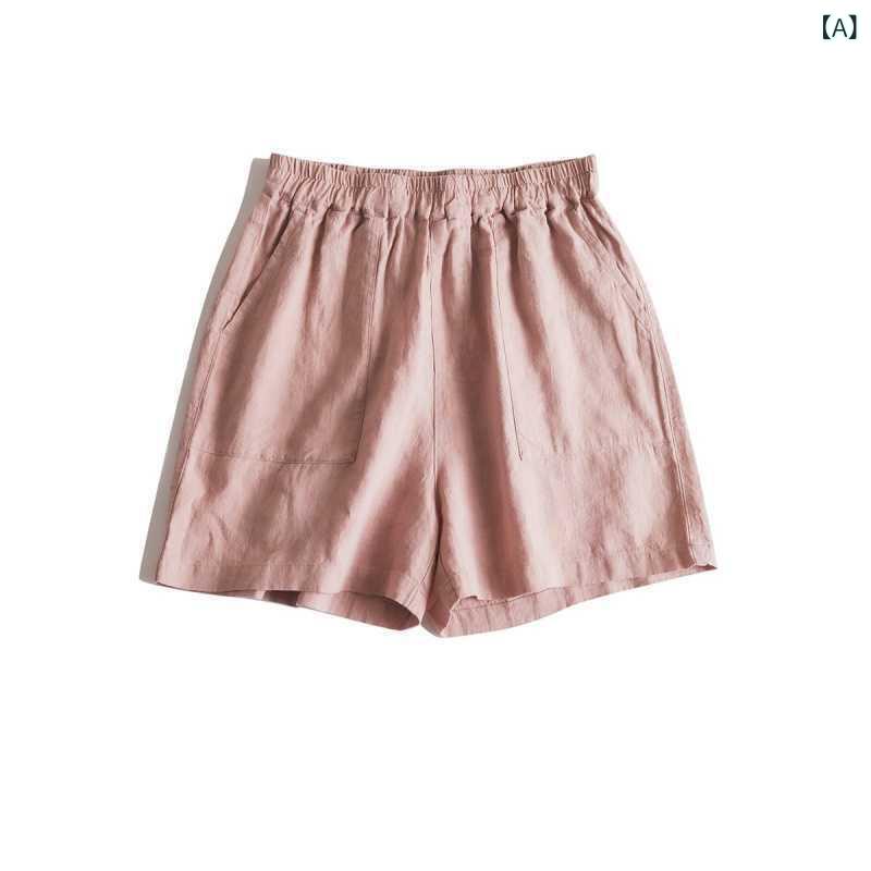 レディース ショーツ 純麻 ゆったり ハーフ丈 夏用 砂洗い加工 シンプル カジュアル 快適 通気性 涼感 軽量 散策 レジャー 日常使い