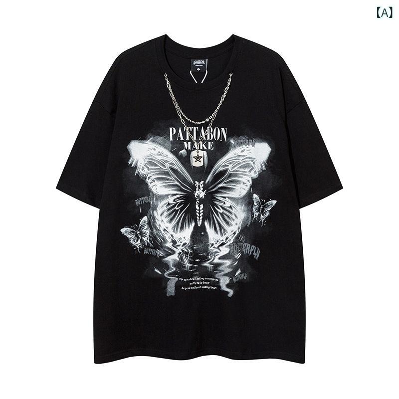 メンズ トップス 短袖 Tシャツ 蝶 プリント 星 モチーフ チェーン 付き 綿 素材 ルーズ フィット ヒップホップ ストリート デザイン アメリカン スタイル カジュアル 普段使い