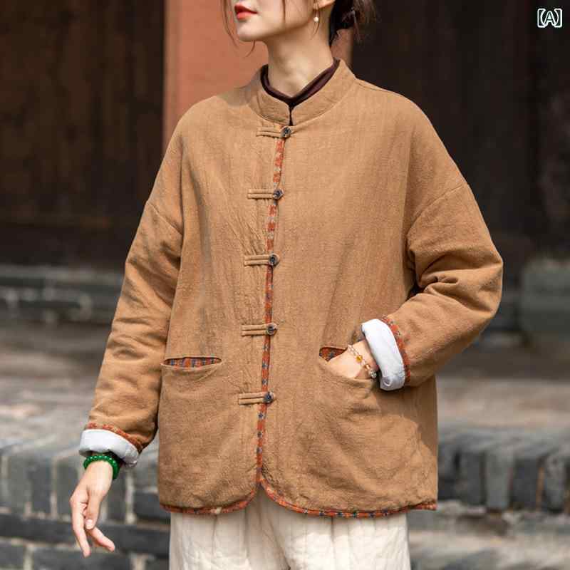 ジャケット レディース 冬用 レトロ スタンドカラー 花柄 切り替え 綿麻 ラミー ショート丈 中綿 保温 石洗い 柔らか素材 カジュアル アウター 日常使い