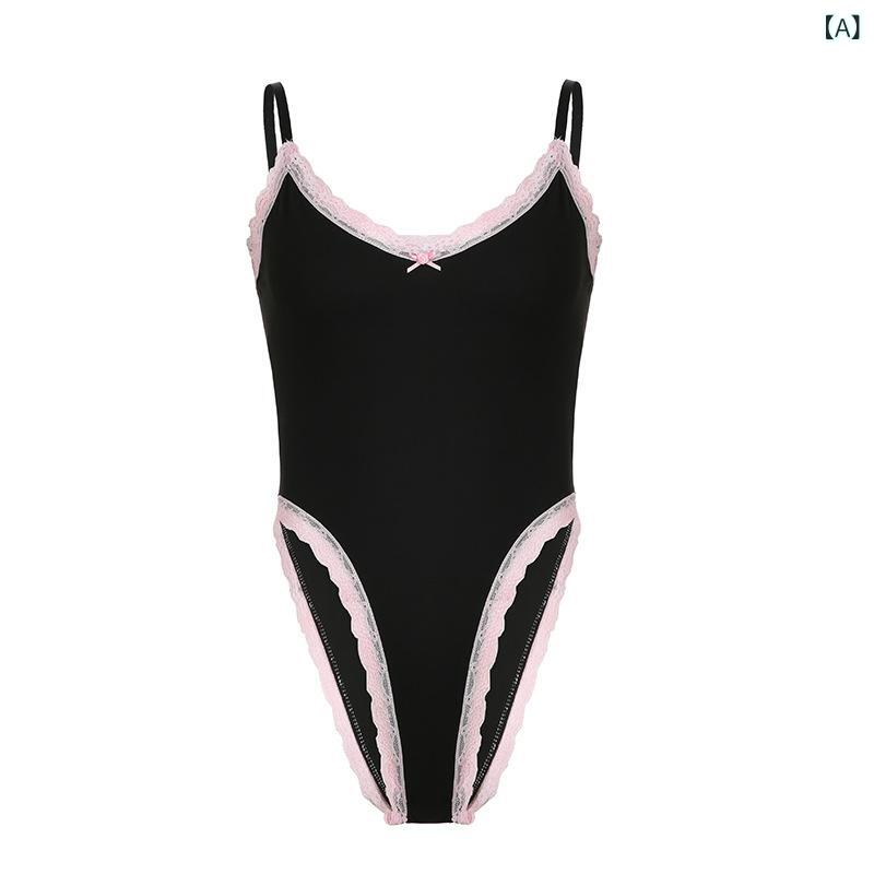 レディース セクシー ノースリーブ ボディスーツ レース 切り替え リボン 腰見せ インナー トップス スリム デザイン かわいい スタイル