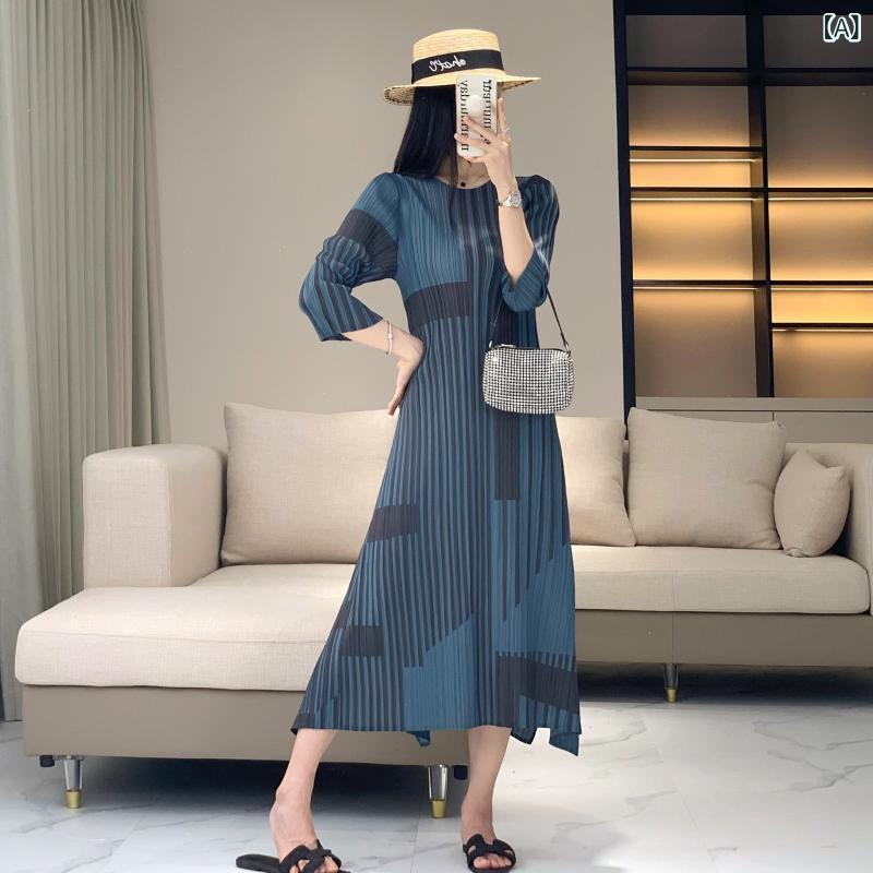 ワンピース レディース 春夏 レトロ ストライプ 花柄 プリント 高級感 プリーツ ウエストシェイプ スリム ラウンドネック インナー付き ロング丈