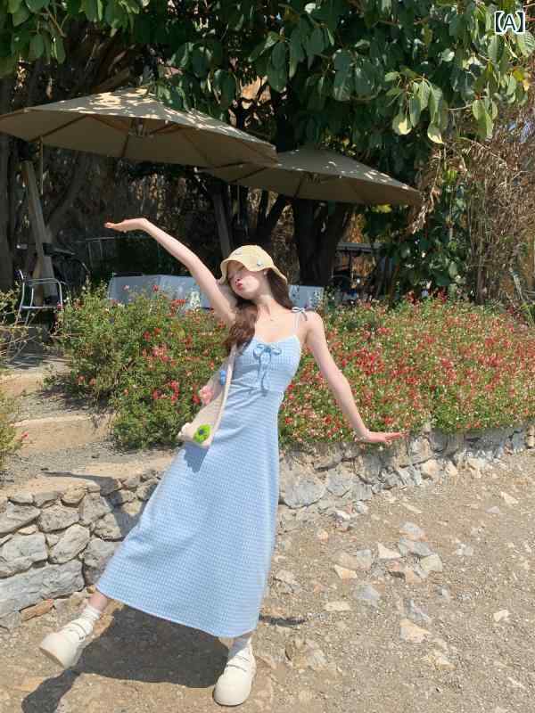 レディース 夏用 チェック柄 ブルー系 ノースリーブ ロングワンピース ストラップドレス カジュアル 軽量 吸湿速乾