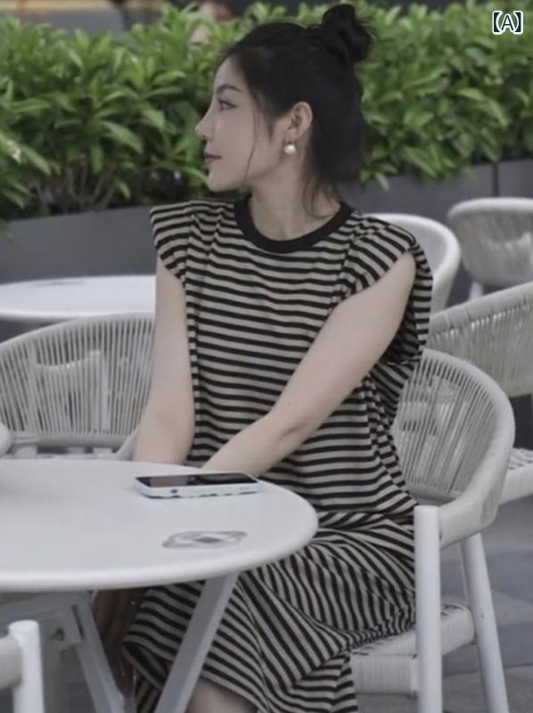 レディース ノースリーブ ストライプ ワンピース 夏 ロング丈 カジュアル ドレス リラックス フィット ビーチ 普段使い 軽やか シルエット