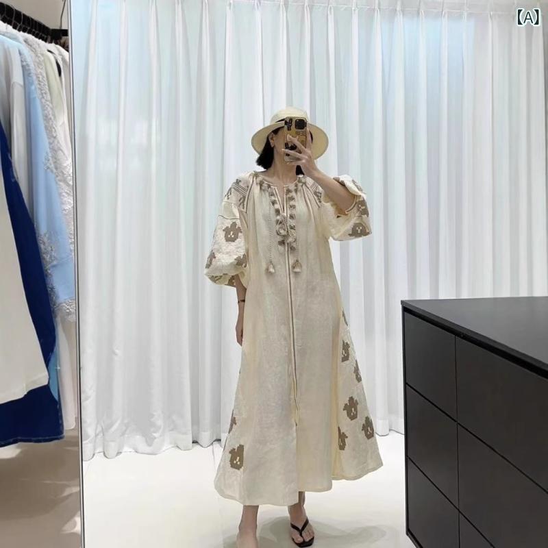 レディース 衣装 夏 レトロ ボヘミアン風 フレンチ表現スタイル リネン 刺しゅう フリンジ ロング丈 心地よい 個人的特徴派 青写真 通気性 原料品 口さかしい 影ぼうし