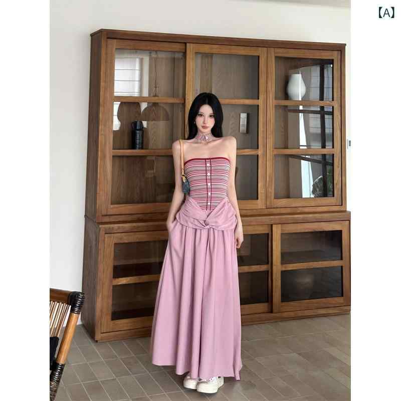 レディース ロングワンピース ストライプ柄 ハングネック 切り替え コントラストカラー フェイクツーピース オフショルダー デザイン マキシ丈 カジュアル