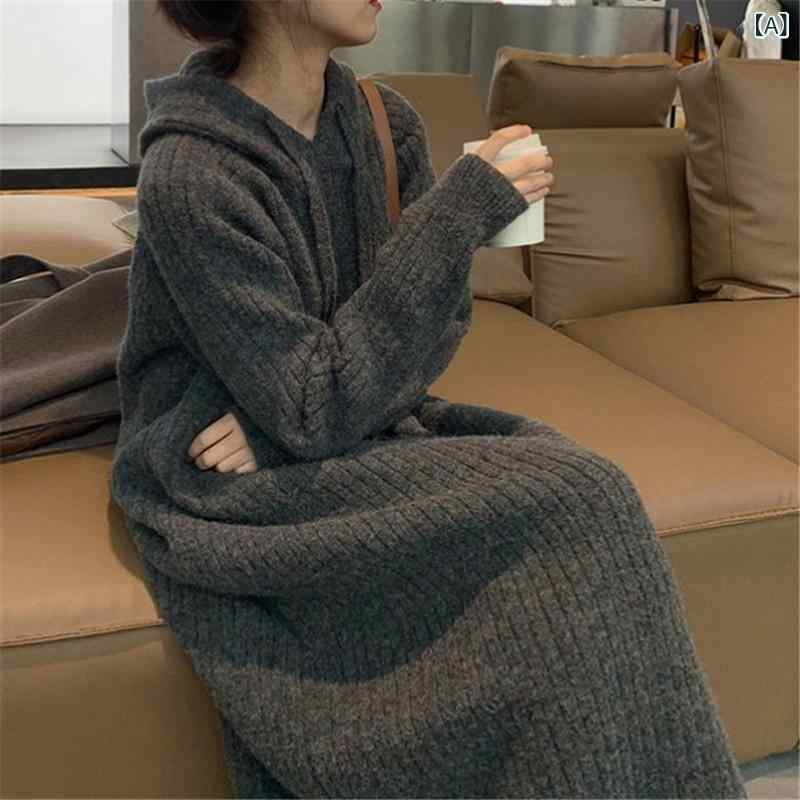 ワンピース 女性用 秋冬 厚手 フード付き ニット ストレート ゆったり ロング丈 カジュアル アウター セータードレス 暖か レイヤリング