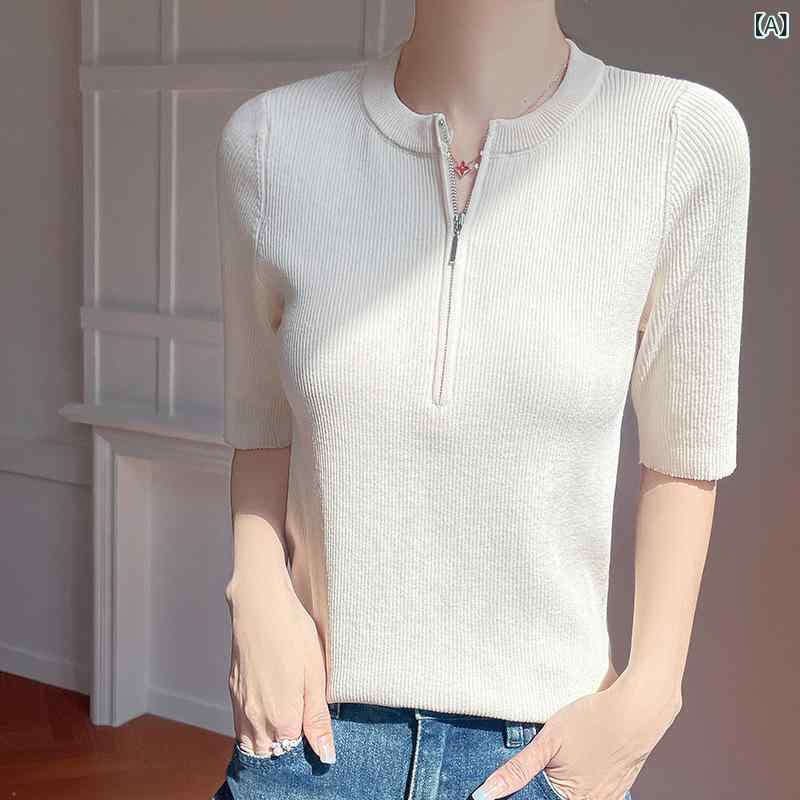夏 レディース 薄手 ニット トップス 短袖 ハーフカラー ストレートショルダー ジッパーデザイン シンプル 単色 吸湿速乾 伸縮性 普段使い ベーシックカラー