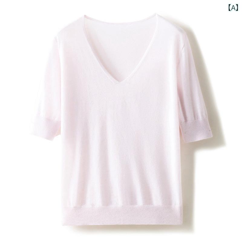 レディース 薄手 カシミヤ Vネック 短袖 インナー トップス 純カシミヤ 精紡 軽量 伸縮性 高級感 普段使い 通勤用 柔らかい 肌触り