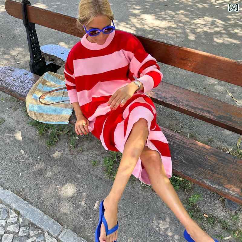 レディース 秋冬 ニット ワンピース ストライプ柄 ゆったりシルエット クルーネック ロング丈 上品デザイン 暖か素材 レイヤード対応 通勤普段使い