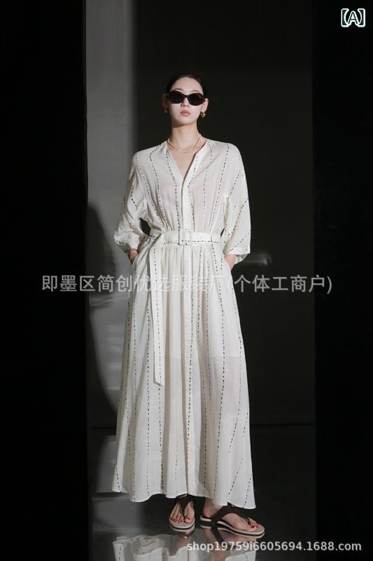 ワンピース レディース Vネック ウエストシェイプ ロングドレス 破線ストライプ デザイン リネン 夏用 通気性 軽量 涼しい 再生繊維 ミディ丈 フェミニン スタイル カジュアル