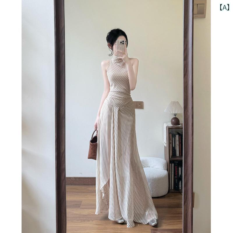 ワンピース レディース シフォン 杏色 ストライプ ハルターネック Vネック ロング ノースリーブ リゾート 軽量 通気性 夏 ピンク系 ビーチ 普段使い