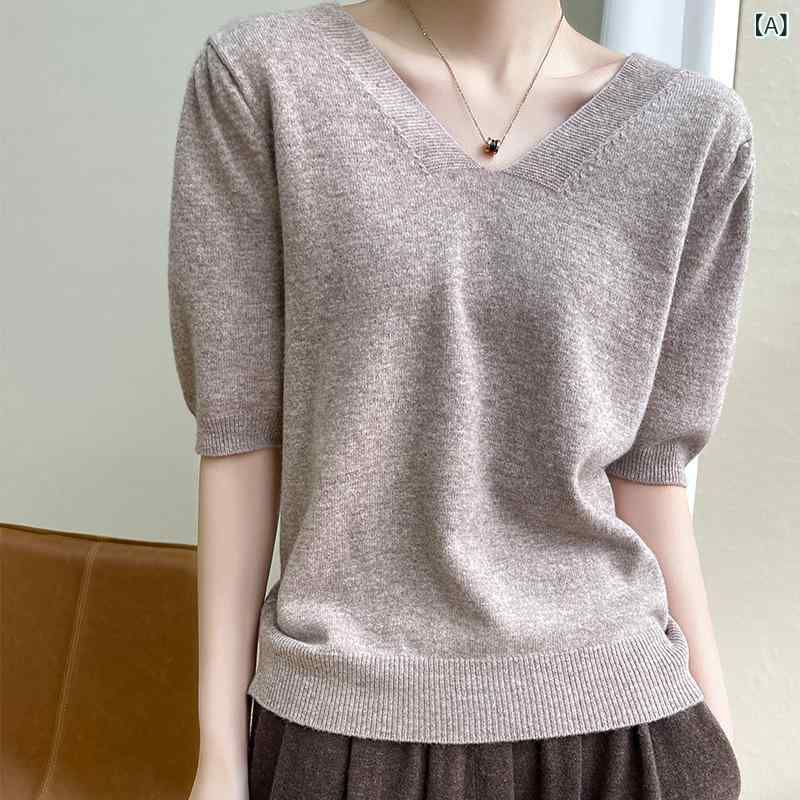 ニット トップス レディース V ネック 半袖 純 羊毛 ショート丈 ゆったり 薄手 インナー カシミア 暖かみ 柔らかい 素材