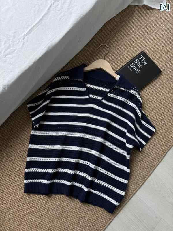 レディース ニットトップス 短袖 ゆったり Vネック 夏用 薄手 レース 透け ストライプ シンプル ベーシック 普段使い カジュアル 伸縮性 軽量 吸湿速乾