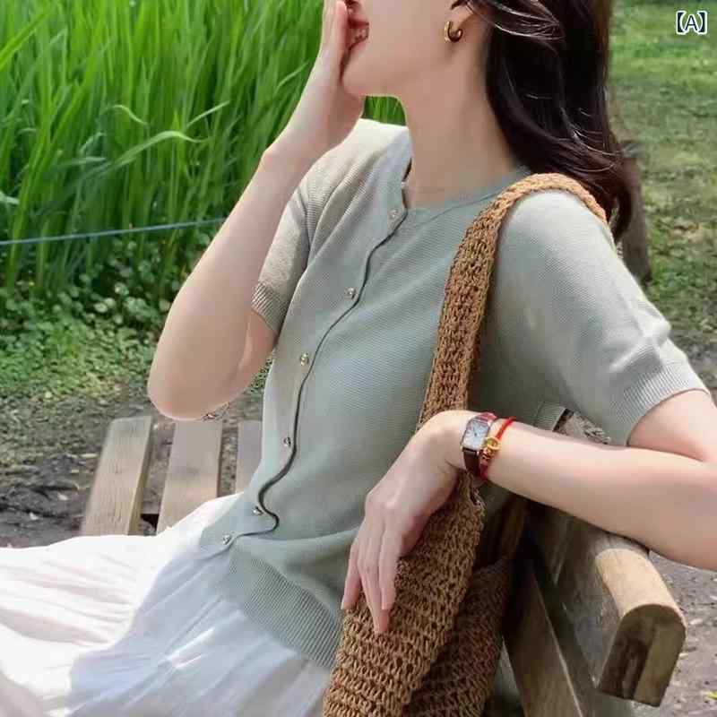 カーディガン 女性用 短袖 ラウンドネック 接触冷感 ニット UVカット 薄手 夏用 スリムフィット ショート丈 アウター トップス 軽量 吸湿速乾 フレンチスタイル 防風 普段使い