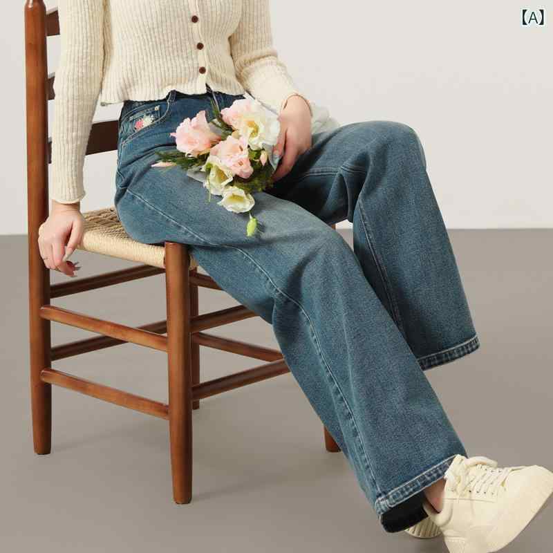 レディース デニムパンツ ストレート ルーズ 刺繍 ポケット レトロ ウォッシュ ロング スタイルアップ 脚長効果 普段使い カジュアル 軽量 伸縮性