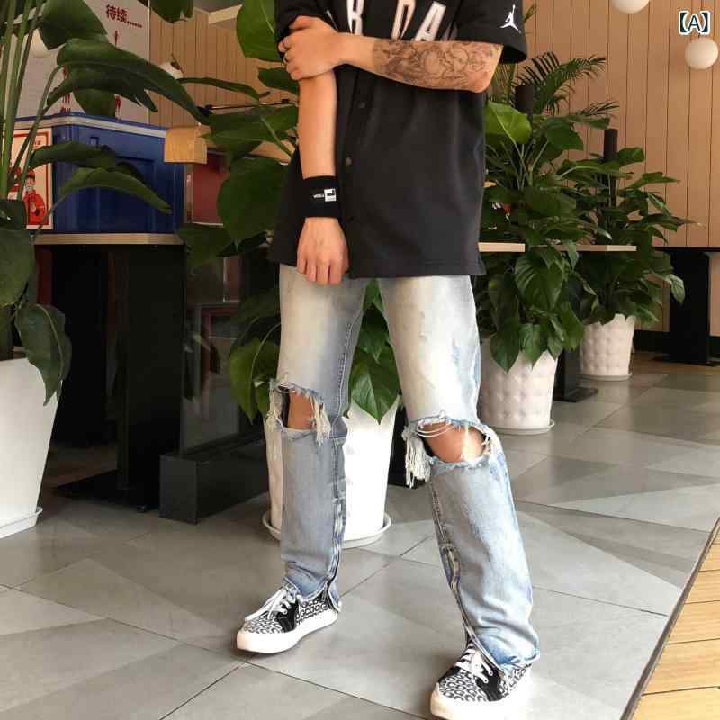 レディース ジーンズ ゆったり ストレート ダメージ加工 ウォッシュ ライトブルー レトロ スリム効果 ロング丈 カジュアル ストリートスタイル 普段使い