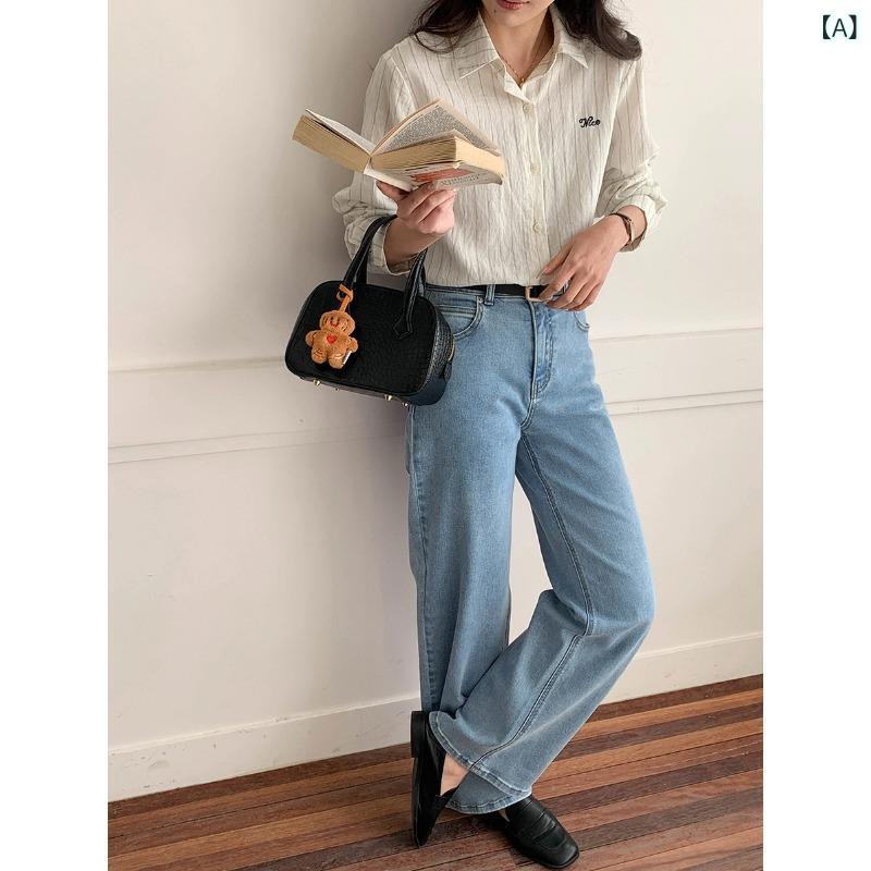 レディース デニムパンツ ハイウエスト ストレート ワイドレッグ ライトブルー 春 カジュアル 普段使い コットン混 伸縮性