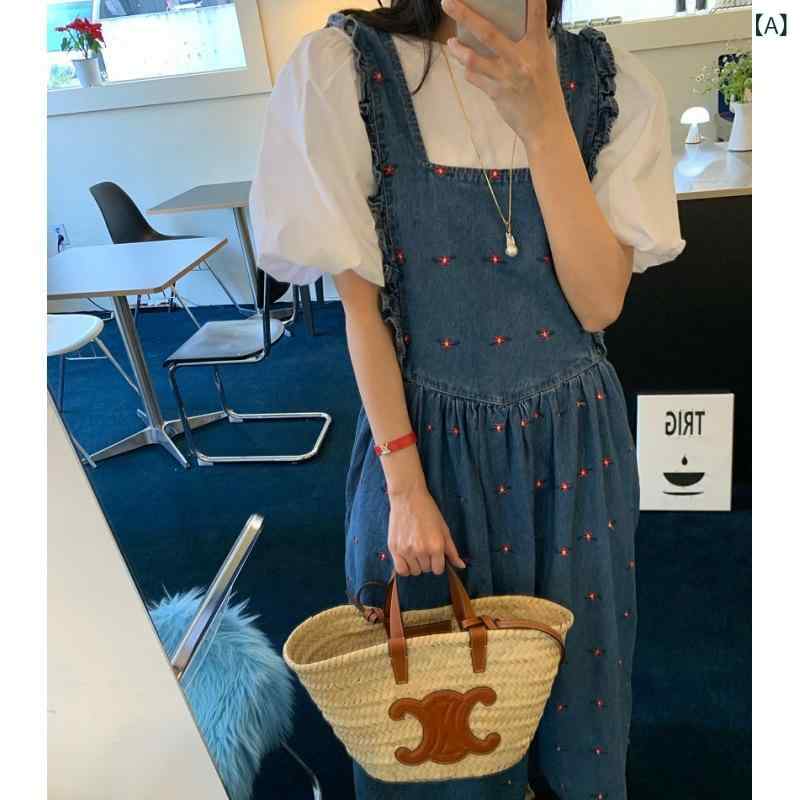 レディース 夏 パフスリーブ 無地 トップス 刺繍 デニム サロペットスカート カジュアル セットアップ コットン 素材 軽量 デザイン