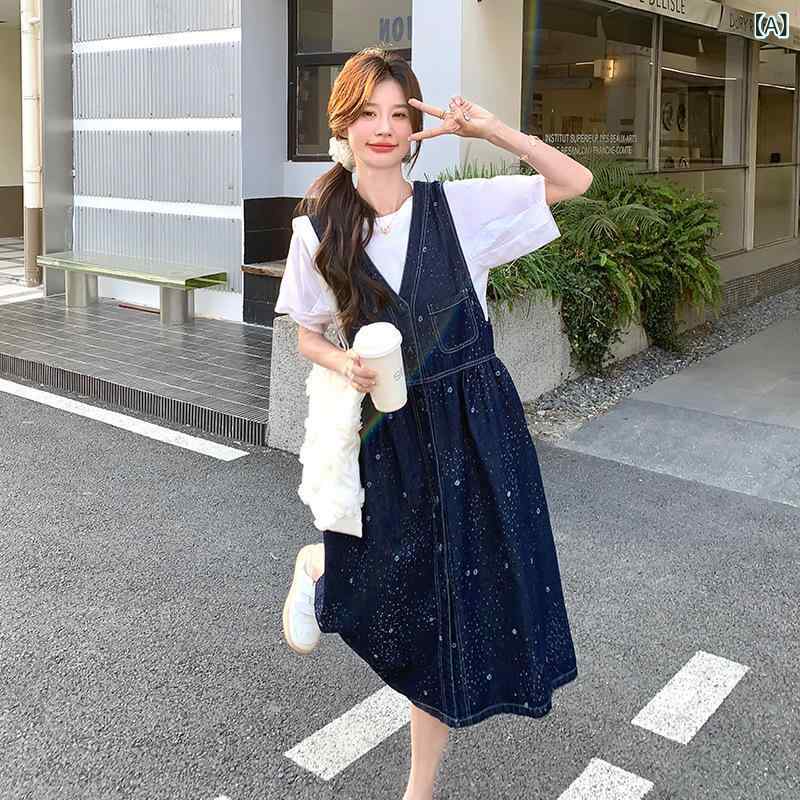 ワンピース 夏 無袖 デニム 2点セット ガーリー 背帯スカート シングルボタン ビッグサイズ カジュアル 普段使い ストレッチ素材 軽量 膝丈 ブルー系｜新風堂