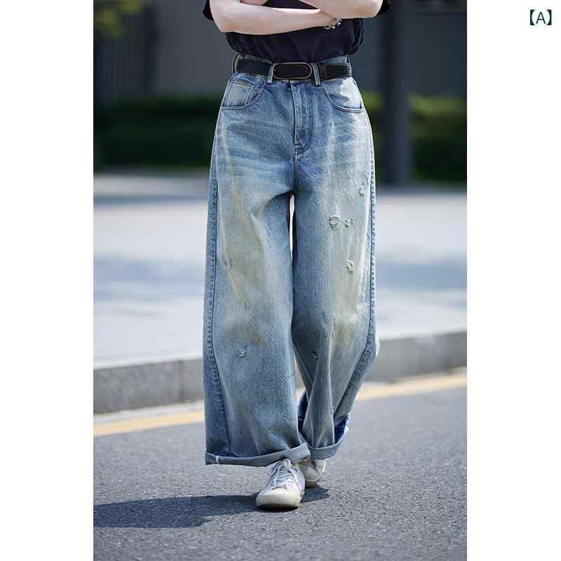 デニムパンツ ストレートレッグ 破れ目 ウォッシュ加工 夏向け カジュアル 普段使い コットン混 軽量 伸縮性
