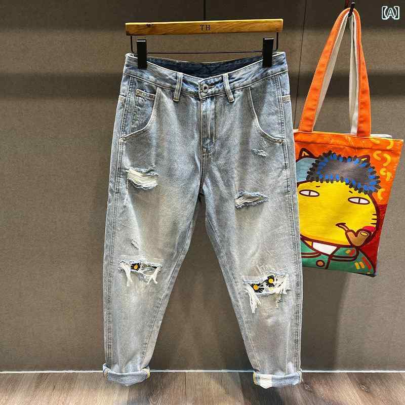 メンズ デニムパンツ 夏用 ストリートスタイル ルーズフィット ストレートレッグ ライトカラー ダメージ加工 ウォッシュ加工 コットン素材 カジュアル 普段使い 吸湿速乾 軽量 ハーレムシルエット