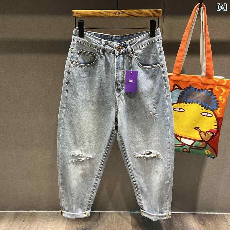 メンズ デニムパンツ 春夏 ワイドレッグ ルーズ ストレート リップド ライトカラー カジュアル ジーンズ ボトムス 普段使い ストレッチ 素材 デニム 形状 ゆったり シルエット