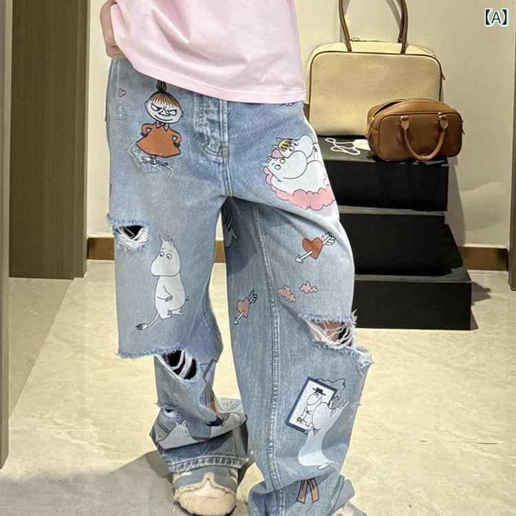 デニムパンツ レディース レトロ ライトブルー カートゥーン グラフィティ ウォッシュド リップド ルーズ ワイドレッグ ロングパンツ トレンド カジュアル ストリート スタイル