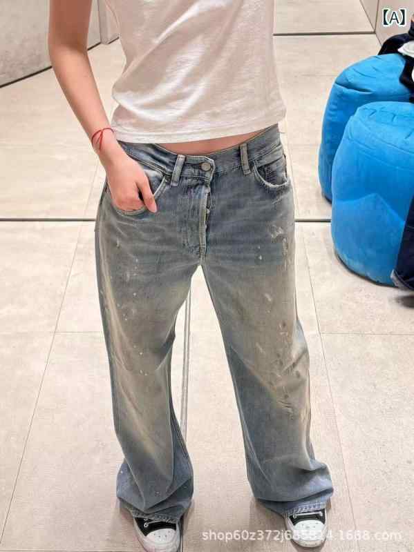 デニムパンツ ユニセックス ハイウエスト ストレート レッグ レトロ ウォッシュ ダメージ デザイン 墨染め風 カジュアル 普段使い 綿素材 ビンテージ スタイル 合わせやすい