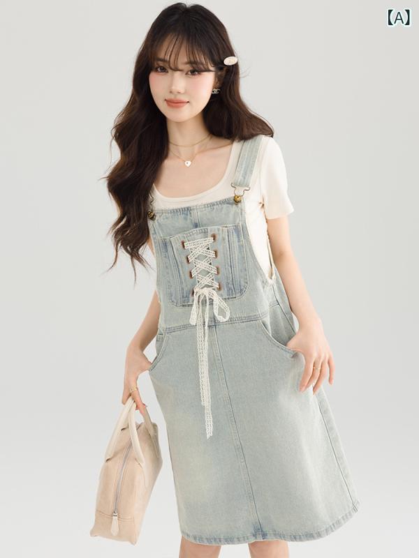 レディース 夏 デニム サスペンダー ミニスカート レース 紐付き ビッグポケット レイヤード 小柄向け 韓国風 カジュアル かわいい 普段使い 膝上 軽量