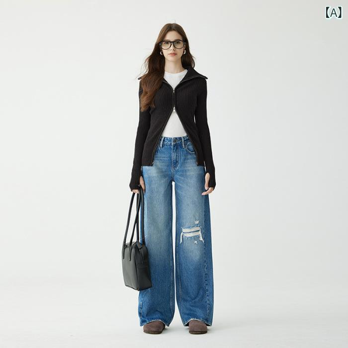 レディース デニムパンツ ハイウエスト ワイドレッグ ダメージ加工 全コットン ゆったりシルエット ストレート ロング丈 高級感 秋物 カジュアル 普段使い 軽量 吸湿速乾