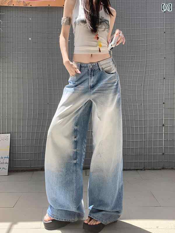 レディース デニムパンツ アメリカン ストリート ウォッシュ加工 ダメージ ライトカラー 引っかき傷 夏 レトロ 色落ち ルーズ ストレート ワイドレッグ カジュアル 普段使い 綿素材 伸縮性