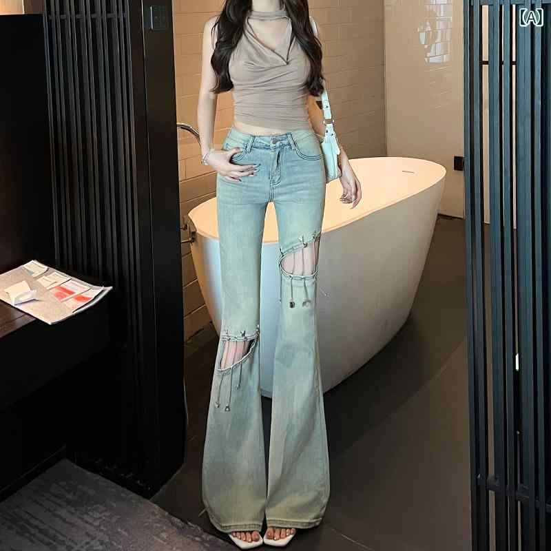ジーンズパンツ 女性用 夏 薄手 ライトブルー ダメージ カットアウト チェーン付き 微フレア 中高腰 スリムシルエット デニム素材 カジュアル 脚長効果 ストレッチ