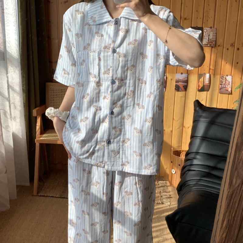 レディース パジャマ 短袖 ロングパンツ セット 純綿 二重ガーゼ ゆったり かわいい 甘め ルームウェア 部屋着 通気性 吸湿速乾 軽量 綿素材