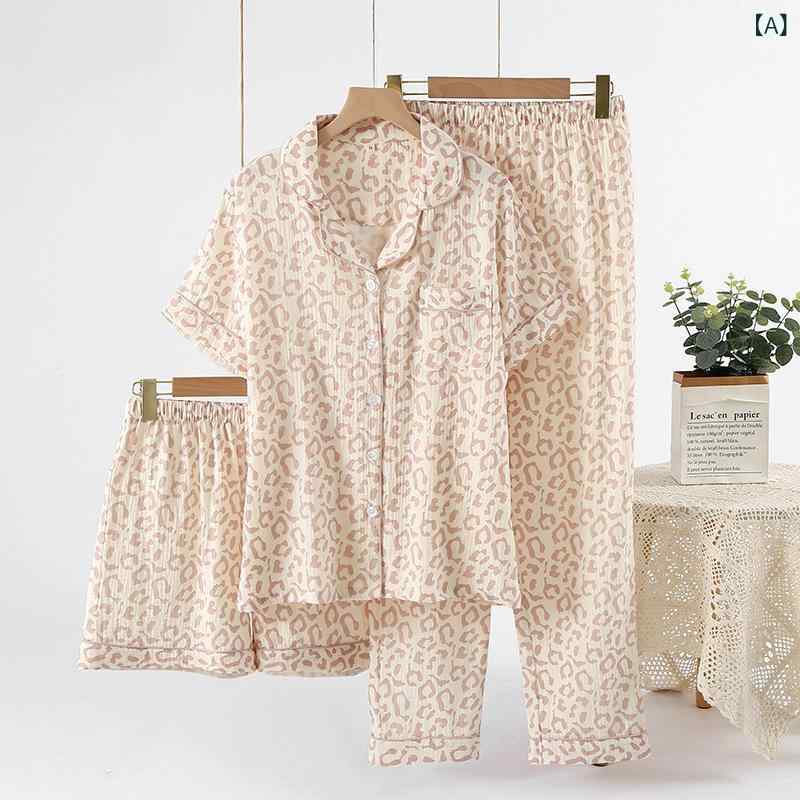 パジャマ セット 女性用 ヒョウ柄 襟付き 短袖 ショーツ ロングパンツ 薄手 二重ガーゼ 春夏秋 部屋着 軽量 通気性 涼しい ホームウェア