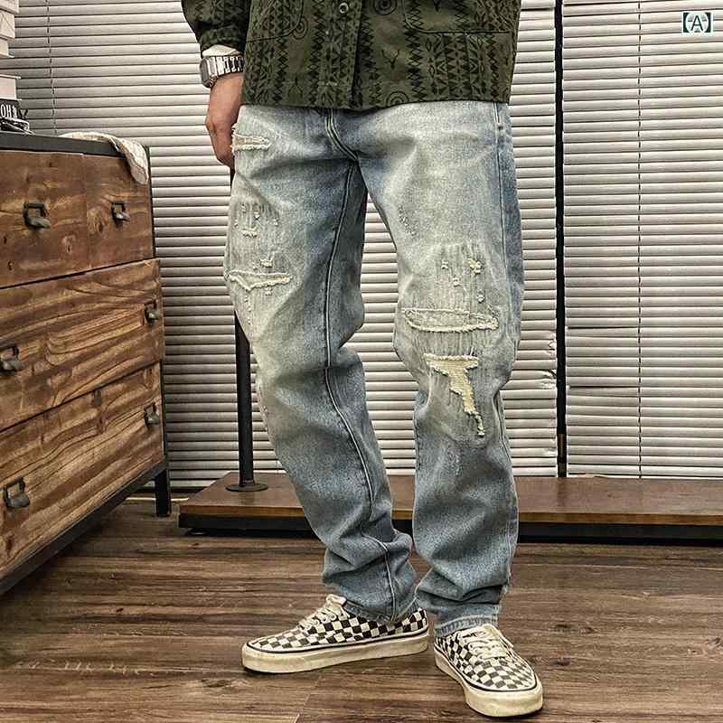 メンズ ストレートジーンズ アメリカン レトロ ライトカラー デニムパンツ 厚手 ウォッシュ加工 ユーズド加工 破れ加工 パッチ カジュアル 普段使い ロング丈
