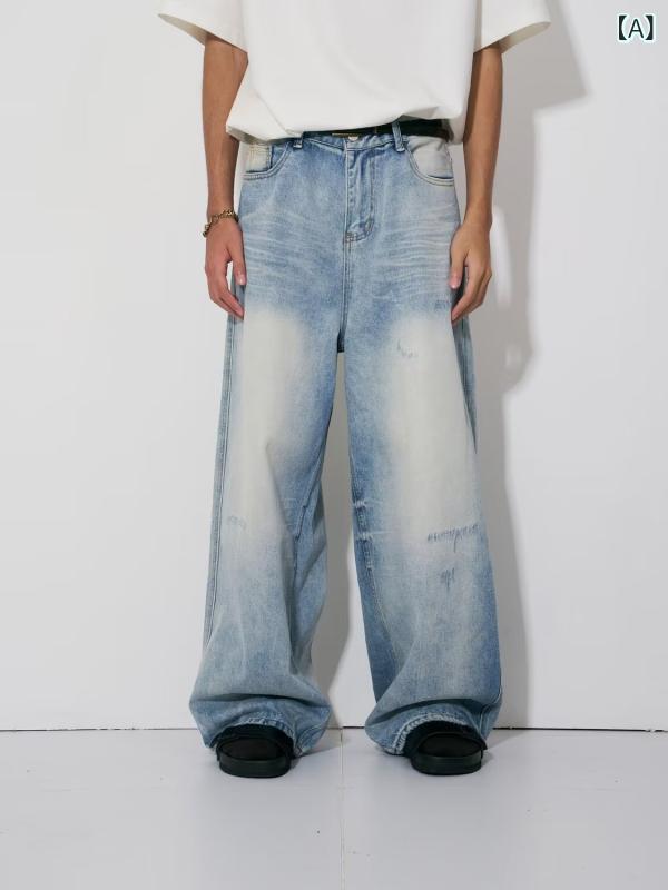 デニムパンツ メンズ レディース ライトカラー ダメージ加工 ストレート ワイドレッグ ルーズフィット 夏用 薄手 カジュアル 普段使い ストレッチ デニム素材 膝下丈 ゆったりシルエット