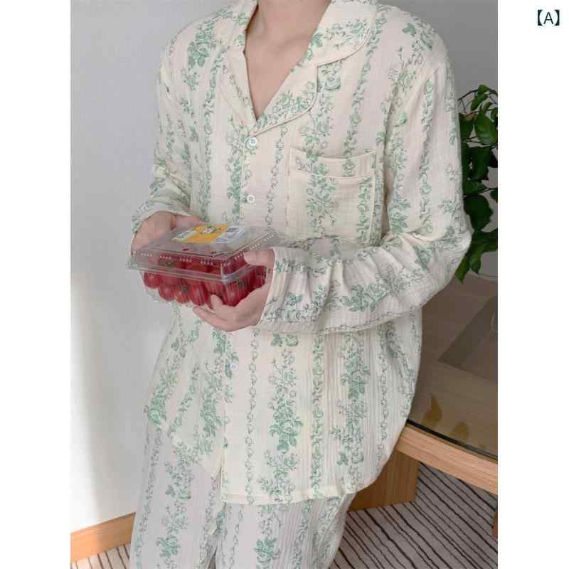 パジャマ レディース 秋 ガーゼ素材 Vネック レース 切り替え 長袖 花柄 プリント 部屋着 セット 快適 軽量 通気性 吸湿速乾 ホームウェア