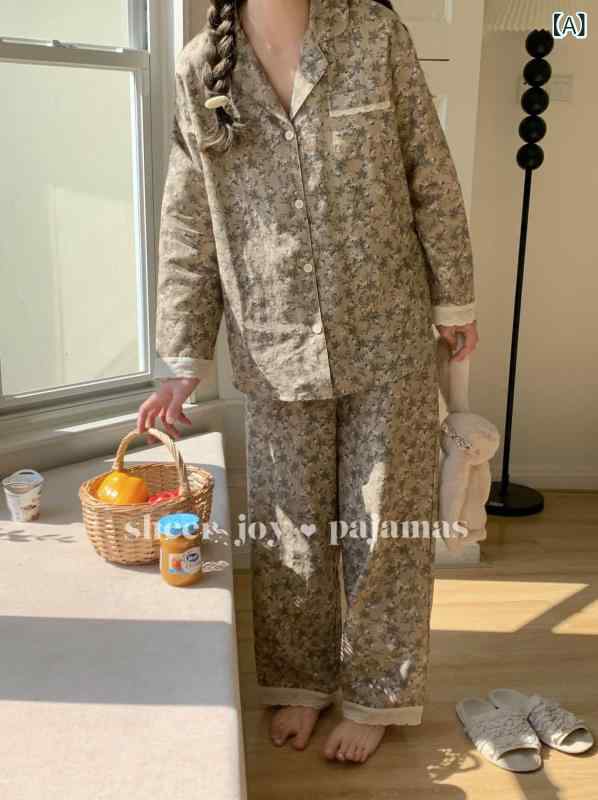 レディース 部屋着 セット 綿 二重ガーゼ レース 小花柄 グレー 高級感 上品 花縁 軽量 通気性 柔らかい ホームウェア 普段使い