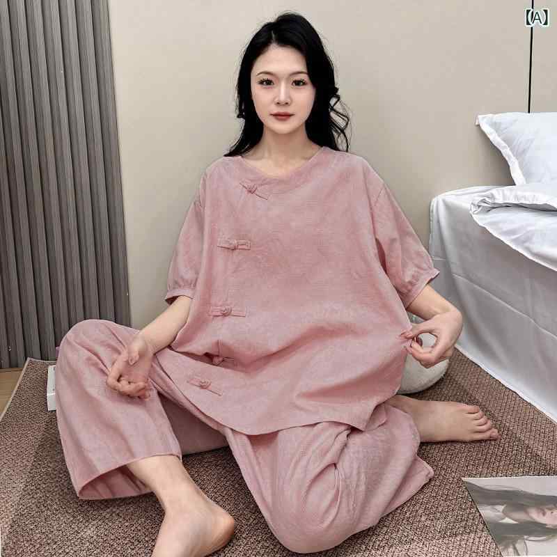 夏用 大きめサイズ 薄手 綿 提花ガーゼ パジャマ ゆったり ルーズフィット 2点セット 短袖 7分丈パンツ 部屋着 通気性 涼しい ホームウェア 寝間着