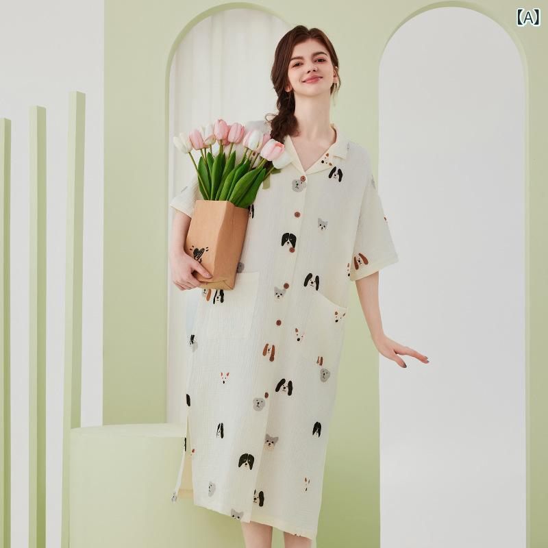 寝間着 ワンピース レディース 夏用 ロング丈 かわいい 綿 二層ガーゼ 通気性 軽量 柔らかい 外出対応 部屋着 ホームウェア