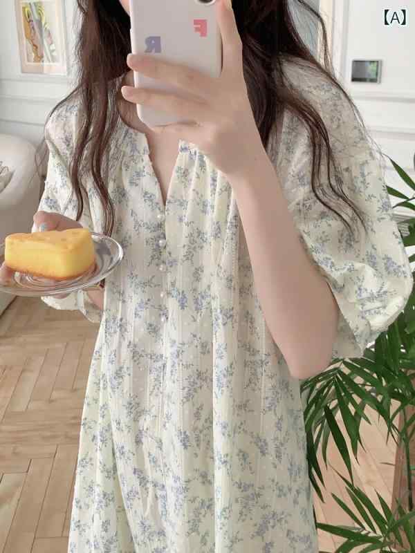 レディース 夏用 寝間着ドレス 綿素材 ゆったり 短袖 フラワープリント レース切り替え 透け感 ルームウェア 快適 軽量 部屋着