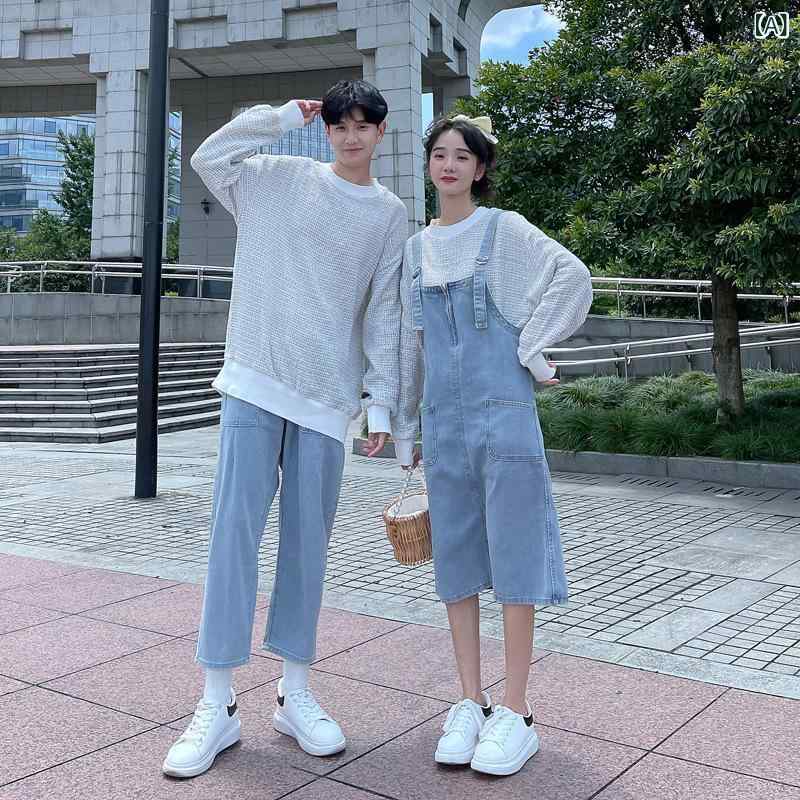 秋冬 ペア フーディー スウェット 長袖 デニム サスペンダースカート ゆったり ビッグシルエット セット カジュアル ストリート かわいい