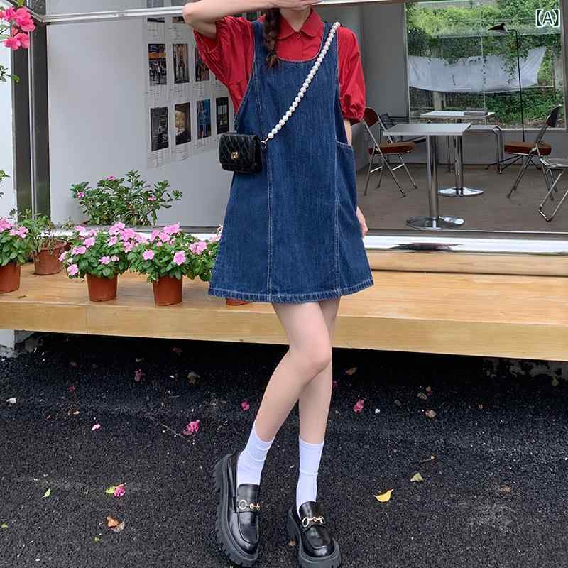 ワンピース レディース デニム サスペンダー 丸首 かわいい レトロ 韓国風 コーディネートしやすい カジュアル 普段使い 軽量 ストレッチ
